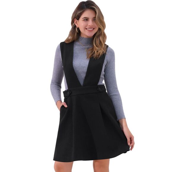 Allegra K Dresses & Skirts - Suspenders Skirt V Neck A-Line Above Knee Pinafore Dress Black